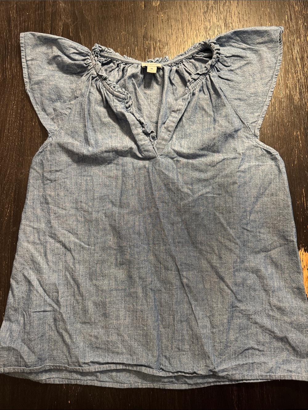 J. Crew Light Blue Chambray V-Neck Flutter Sleeve Top